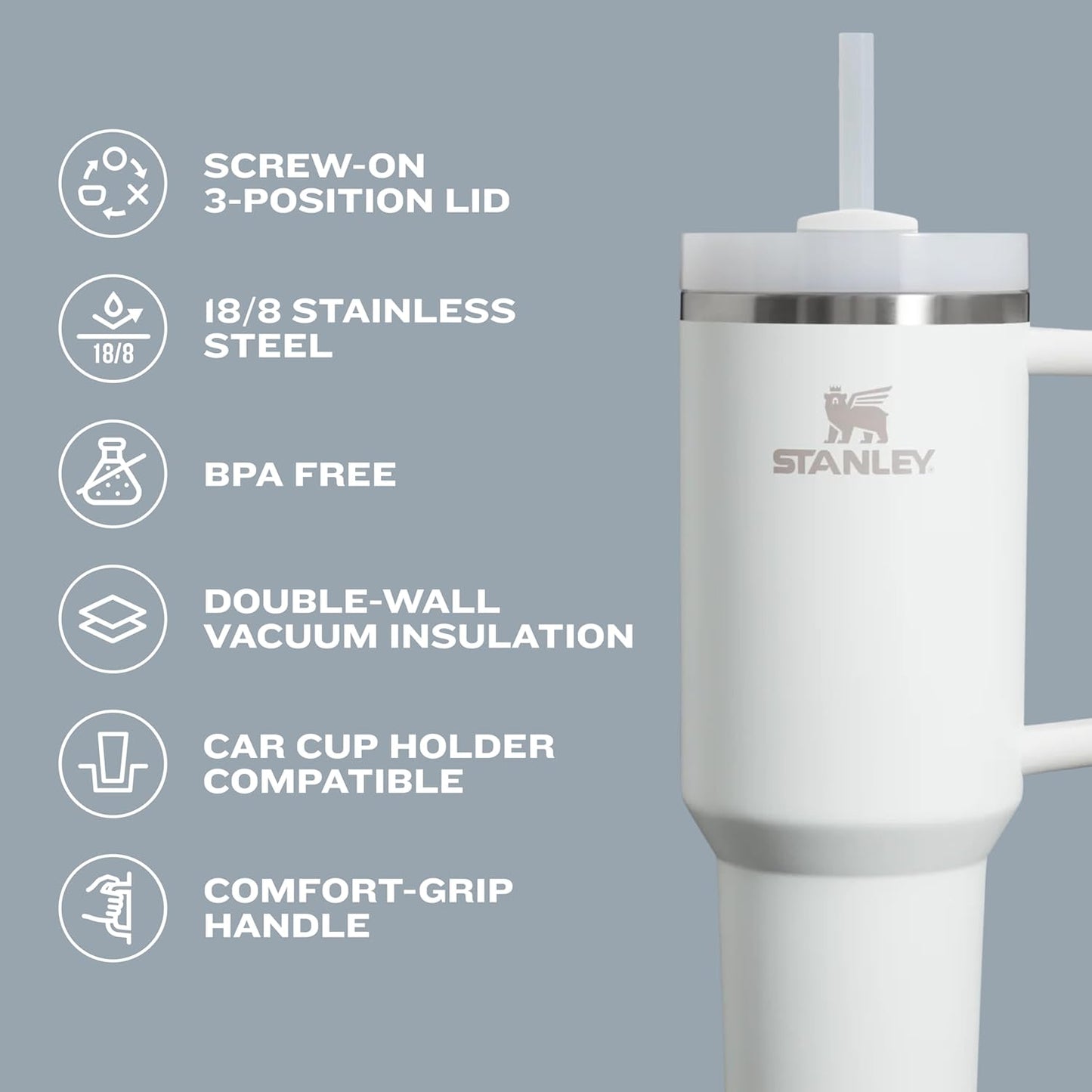 Quencher H2.0 Tumbler with Handle and Straw 30 Oz | Flowstate 3-Position Lid | Cup Holder Compatible for Travel | Insulated Stainless Steel Cup | Bpa-Free | Black 2.0
