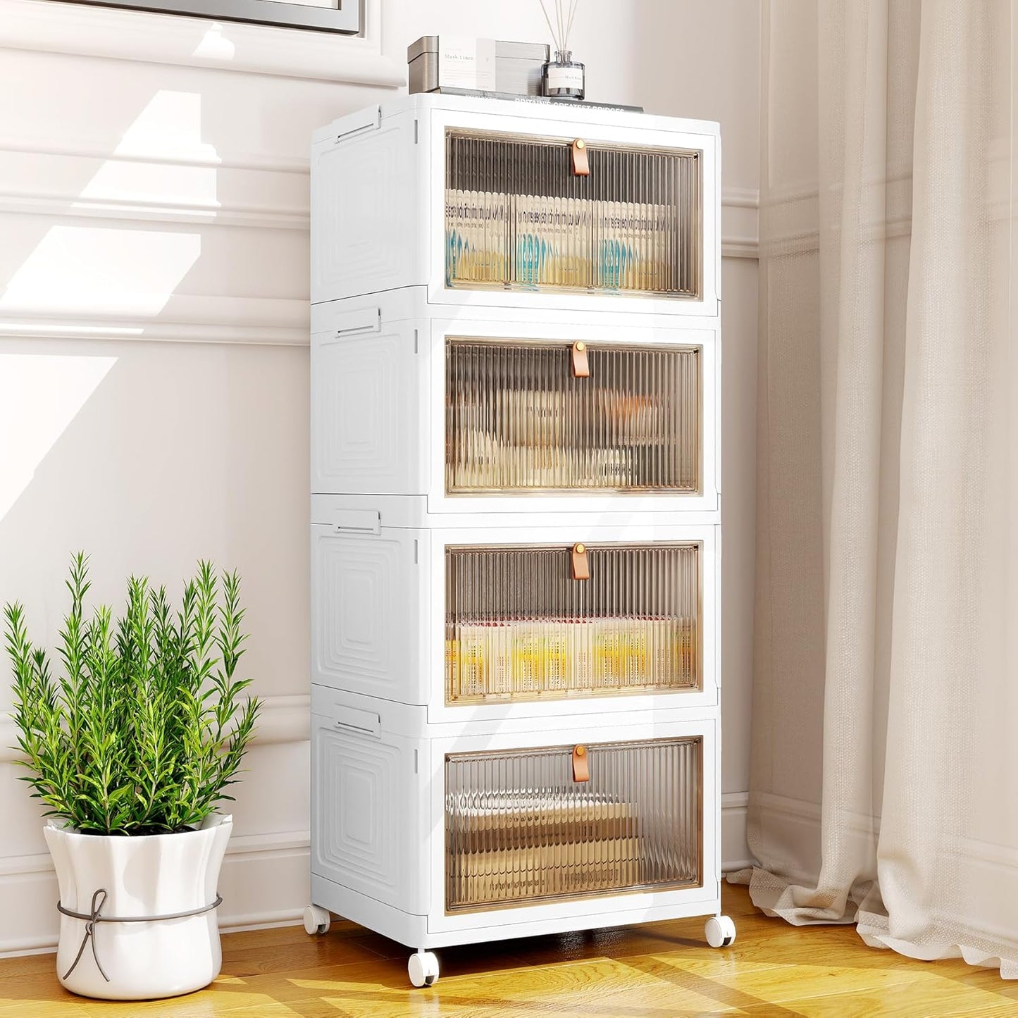 4 Tier Storage Bins with Lids, 23QT Stackable Closet Organizers and Storage with Wheels, Collapsible Storage Boxes, Foldable Plastic Storage Containers for Home,Office, Dorm Room-White