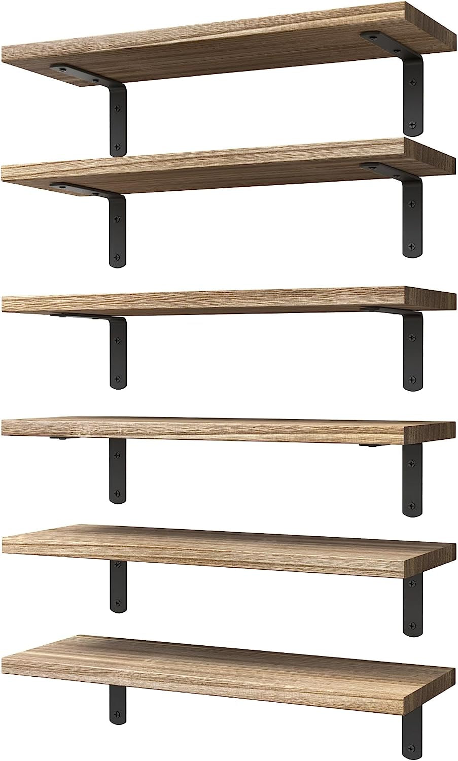 Wood Floating Shelves Set of 6, Shelves for Wall Decor, Farmhouse Shelf for Bedroom, Bathroom Storage Shelves, Book Shelves for Living Room - Rustic Brown