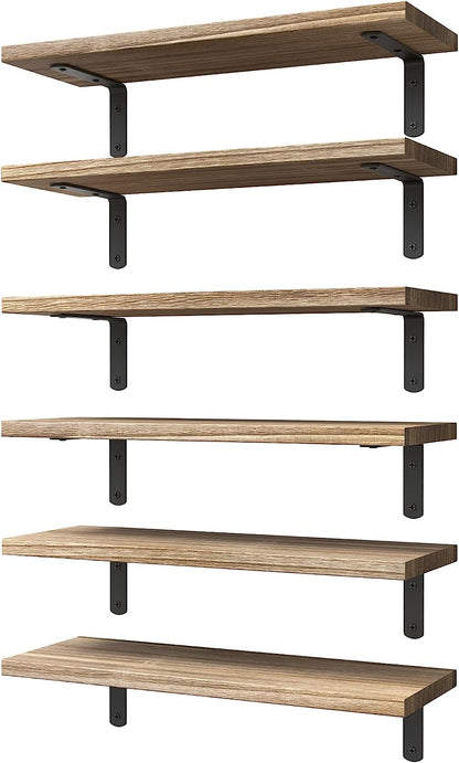 Wood Floating Shelves Set of 6, Shelves for Wall Decor, Farmhouse Shelf for Bedroom, Bathroom Storage Shelves, Book Shelves for Living Room - Rustic Brown
