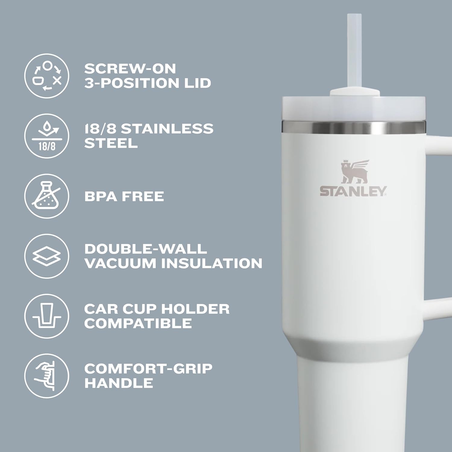 Quencher H2.0 Tumbler with Handle and Straw 30 Oz | Flowstate 3-Position Lid | Cup Holder Compatible for Travel | Insulated Stainless Steel Cup | Bpa-Free | Black 2.0
