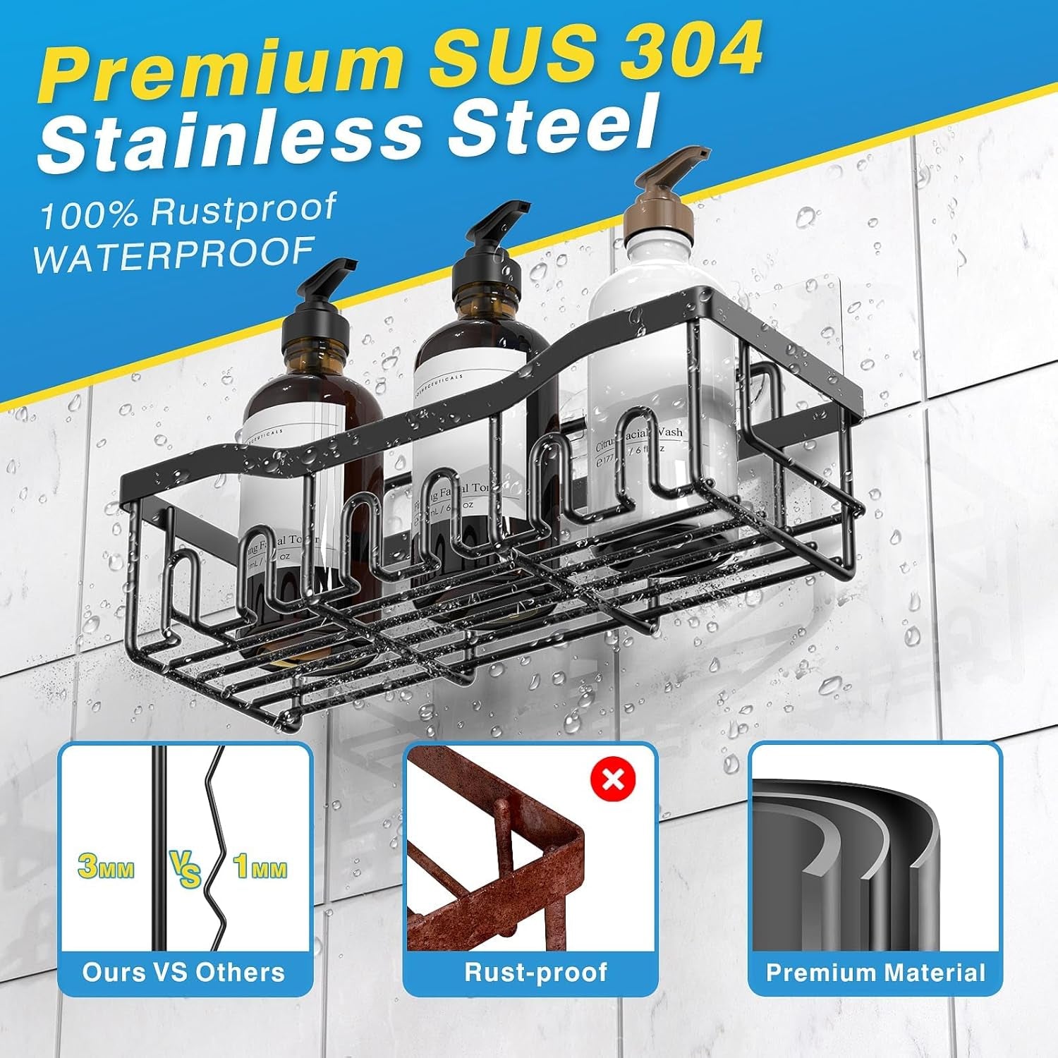 Adhesive Shower Caddy, 5 Pack Rustproof Stainless Steel Bath Organizers with Large Capacity, No Drilling Shelves for Bathroom Storage & Home Decor-Xl Size