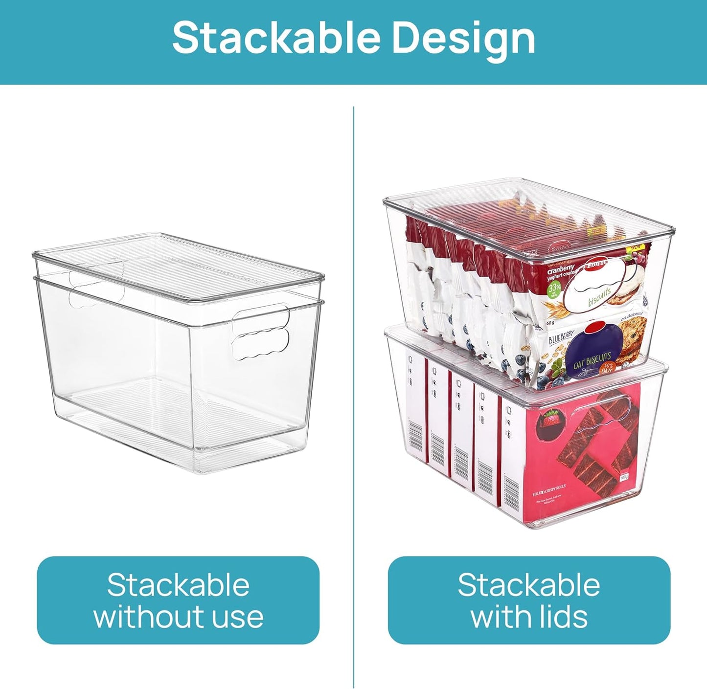 6 Pack Clear Stackable Storage Bins with Lids, Large Plastic Containers with Handle for Pantry Organizer and Storage,Perfect for Bathroom,Cabinet,Kitchen,Fridge,Closet Organization