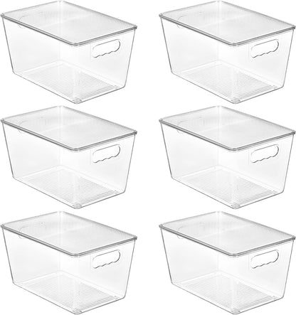 6 Pack Clear Stackable Storage Bins with Lids, Large Plastic Containers with Handle for Pantry Organizer and Storage,Perfect for Bathroom,Cabinet,Kitchen,Fridge,Closet Organization
