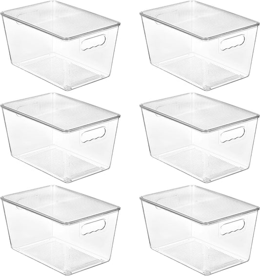 6 Pack Clear Stackable Storage Bins with Lids, Large Plastic Containers with Handle for Pantry Organizer and Storage,Perfect for Bathroom,Cabinet,Kitchen,Fridge,Closet Organization