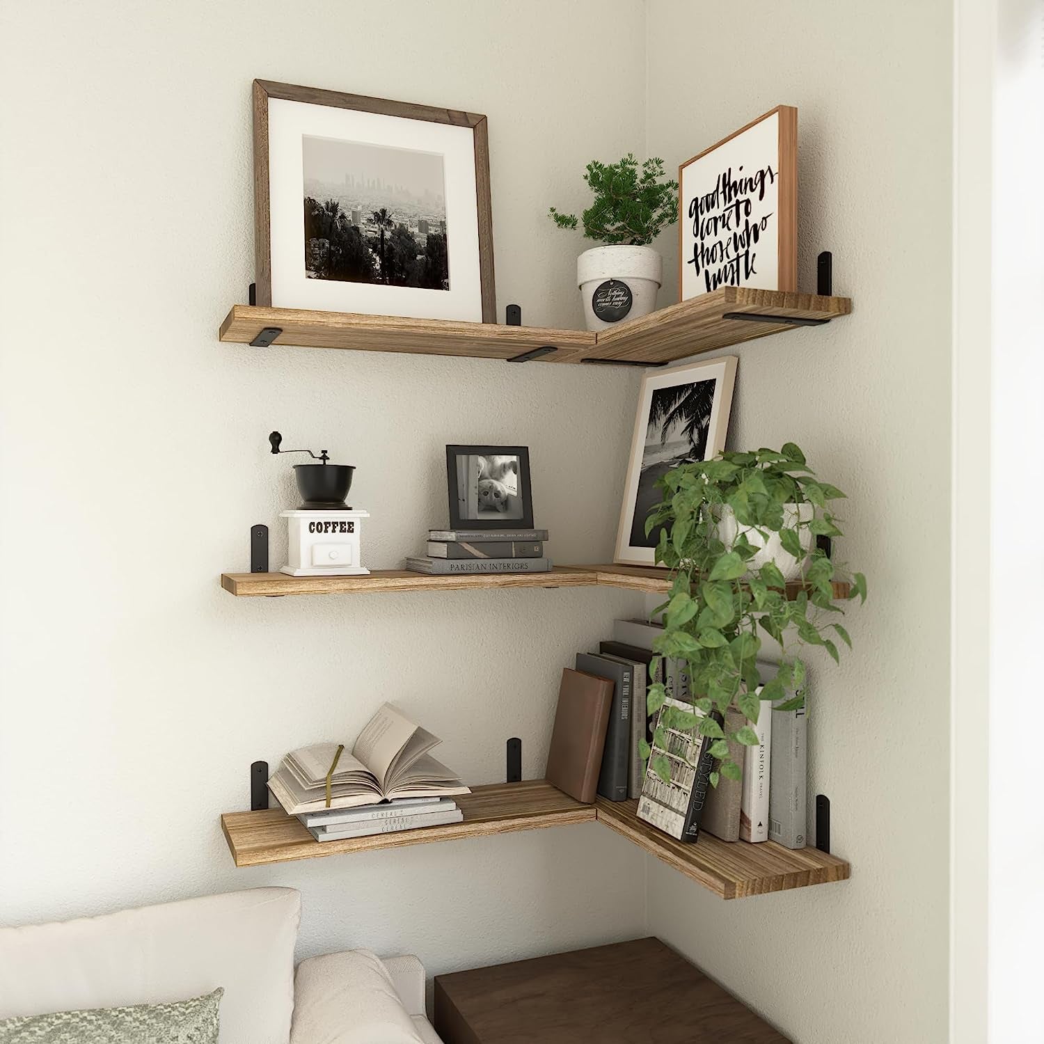 Wood Floating Shelves Set of 6, Shelves for Wall Decor, Farmhouse Shelf for Bedroom, Bathroom Storage Shelves, Book Shelves for Living Room - Rustic Brown