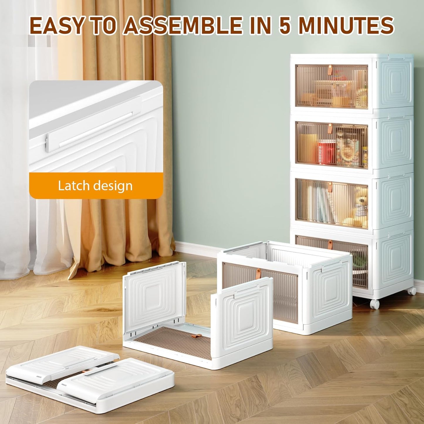 4 Tier Storage Bins with Lids, 23QT Stackable Closet Organizers and Storage with Wheels, Collapsible Storage Boxes, Foldable Plastic Storage Containers for Home,Office, Dorm Room-White
