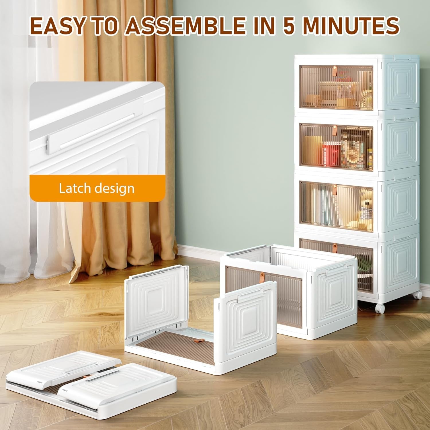 4 Tier Storage Bins with Lids, 23QT Stackable Closet Organizers and Storage with Wheels, Collapsible Storage Boxes, Foldable Plastic Storage Containers for Home,Office, Dorm Room-White