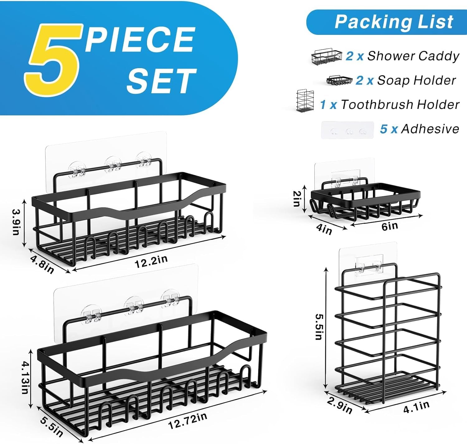 Adhesive Shower Caddy, 5 Pack Rustproof Stainless Steel Bath Organizers with Large Capacity, No Drilling Shelves for Bathroom Storage & Home Decor-Xl Size