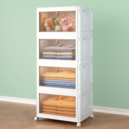 4 Tier Storage Bins with Lids, 23QT Stackable Closet Organizers and Storage with Wheels, Collapsible Storage Boxes, Foldable Plastic Storage Containers for Home,Office, Dorm Room-White