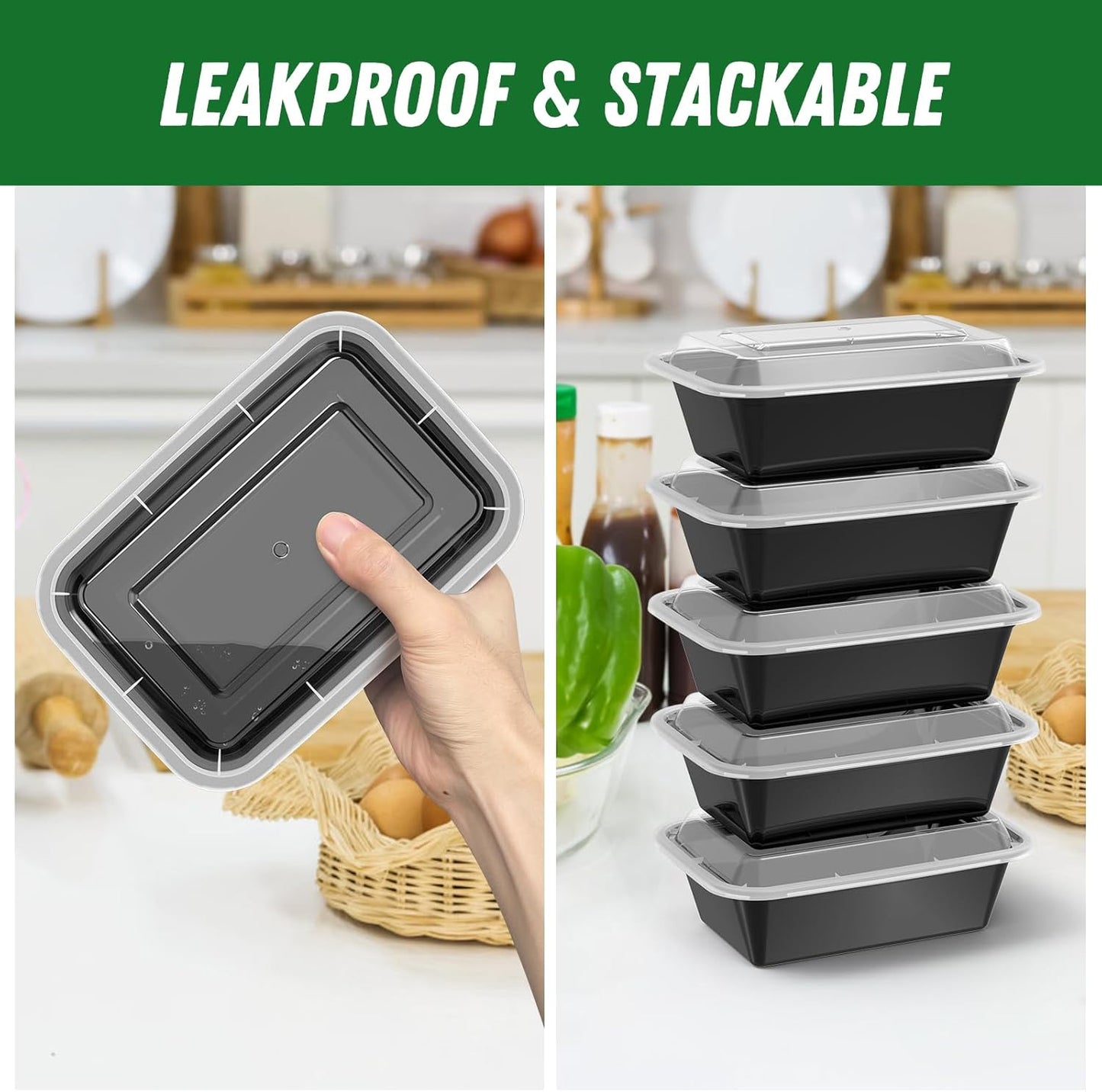50 Pack (100-Piece) 24 Oz Meal Prep Containers Reusable with Lids, Sturdy Leakproof & Food Safe, Microwave, Freezer, Dishwasher Safe Prep Containers, to Go Take Out Plastic Food Storage