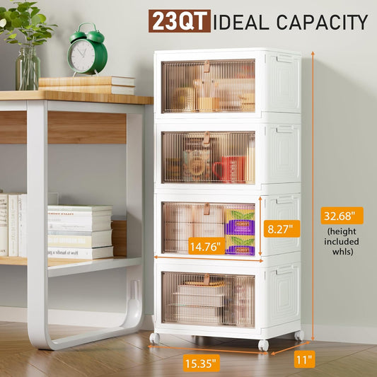 4 Tier Storage Bins with Lids, 23QT Stackable Closet Organizers and Storage with Wheels, Collapsible Storage Boxes, Foldable Plastic Storage Containers for Home,Office, Dorm Room-White